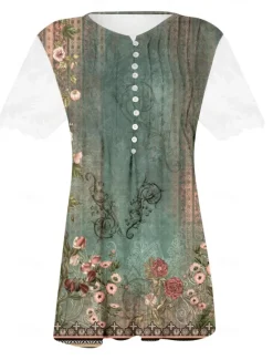 Women's Lace Splicing Top Graphic Flowers Elegant Bohemia Fashion Short Sleeve Flutter Sleeve Round Neck Regular Tops Daily Weekend Vacation Wear Lace Patchwork Print White Light Green Navy Blue Blue Women Boho Tops