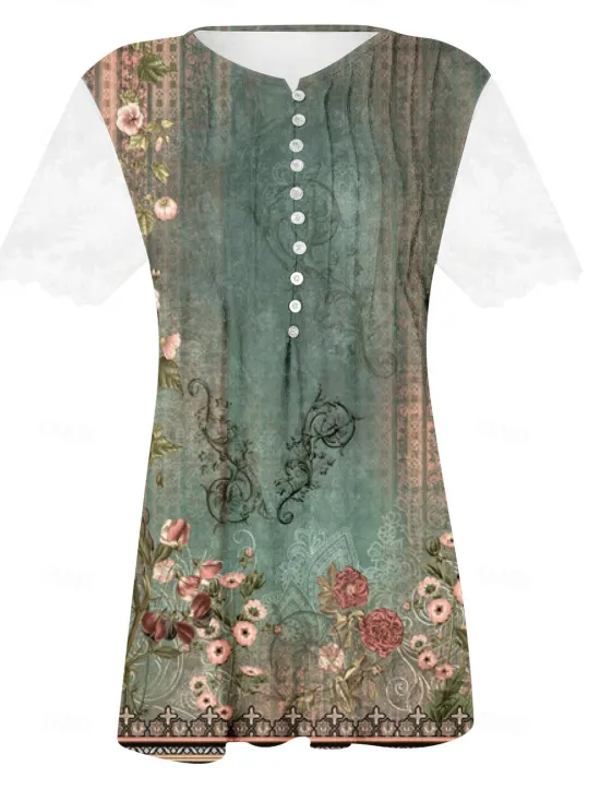 Women's Lace Splicing Top Graphic Flowers Elegant Bohemia Fashion Short Sleeve Flutter Sleeve Round Neck Regular Tops Daily Weekend Vacation Wear Lace Patchwork Print White Light Green Navy Blue Blue Women Boho Tops