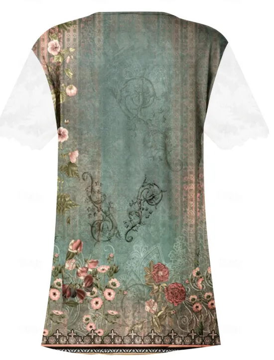 Women's Lace Splicing Top Graphic Flowers Elegant Bohemia Fashion Short Sleeve Flutter Sleeve Round Neck Regular Tops Daily Weekend Vacation Wear Lace Patchwork Print White Light Green Navy Blue Blue Women Boho Tops
