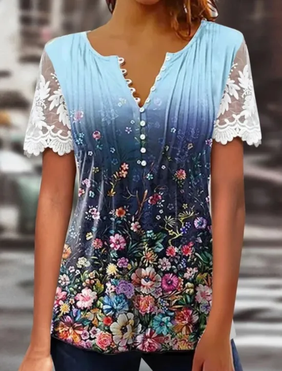 Women's Lace Splicing Top Graphic Flowers Elegant Bohemia Fashion Short Sleeve Flutter Sleeve Round Neck Regular Tops Daily Weekend Vacation Wear Lace Patchwork Print White Light Green Navy Blue Blue Women Boho Tops