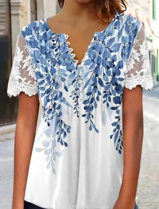 Women's Lace Splicing Top Graphic Flowers Elegant Bohemia Fashion Short Sleeve Flutter Sleeve Round Neck Regular Tops Daily Weekend Vacation Wear Lace Patchwork Print White Light Green Navy Blue Blue Women Boho Tops