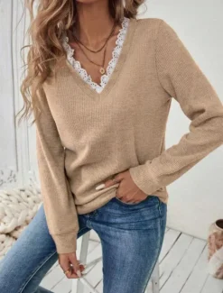 Outlet Women's Lace Splicing Top Solid Color Stylish Casual Long Sleeve V Neck Regular Tops Daily Lace Patchwork Black White Blue Beige Gray Spring Fall Winter Women Pullovers & Tops