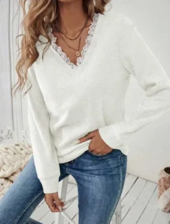 Outlet Women's Lace Splicing Top Solid Color Stylish Casual Long Sleeve V Neck Regular Tops Daily Lace Patchwork Black White Blue Beige Gray Spring Fall Winter Women Pullovers & Tops