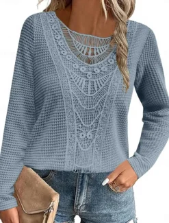Hot Women's Lace Splicing Top Solid Color Stylish Casual Long Sleeve Crew Neck Regular Tops Daily Lace Patchwork Pink Wine Blue Fuchsia Orange Summer Spring Fall Women Lace Tops