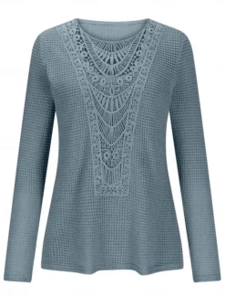 Hot Women's Lace Splicing Top Solid Color Stylish Casual Long Sleeve Crew Neck Regular Tops Daily Lace Patchwork Pink Wine Blue Fuchsia Orange Summer Spring Fall Women Lace Tops