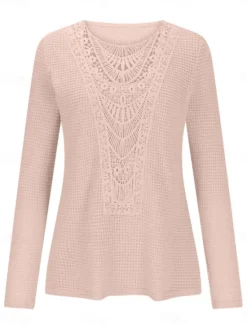 Hot Women's Lace Splicing Top Solid Color Stylish Casual Long Sleeve Crew Neck Regular Tops Daily Lace Patchwork Pink Wine Blue Fuchsia Orange Summer Spring Fall Women Lace Tops