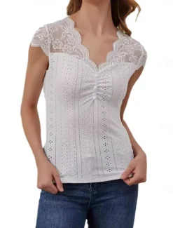 Best Women's Lace Splicing Top Hawaiian Sleeveless V Neck Crop Tops Lace Summer Spring Women Lace Tops