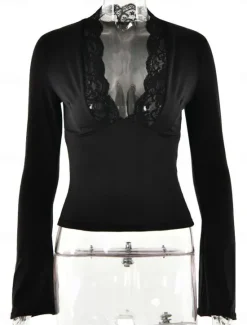 Women's Lace Splicing Top Sexy Long Sleeve V Neck Regular Tops claret Black Summer Spring Women Lace Tops