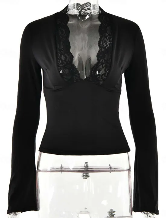 Women's Lace Splicing Top Sexy Long Sleeve V Neck Regular Tops claret Black Summer Spring Women Lace Tops