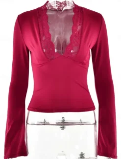 Women's Lace Splicing Top Sexy Long Sleeve V Neck Regular Tops claret Black Summer Spring Women Lace Tops