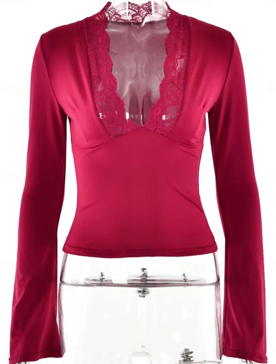 Women's Lace Splicing Top Sexy Long Sleeve V Neck Regular Tops claret Black Summer Spring Women Lace Tops