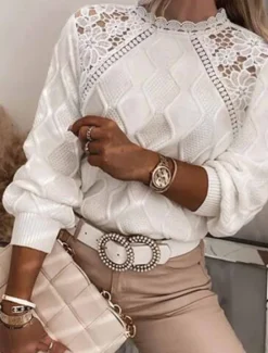 Best Women's Lace Splicing Top Plain Fashion Modern Casual Long Sleeve Turtleneck Regular Tops Daily Weekend Lace Patchwork White Blue Spring Fall Women Pullovers & Tops