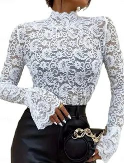 Sale Women's Lace Splicing Top Stylish Long Sleeve Crew Neck Regular Tops Lace pale pinkish gray White Summer Spring Women Lace Tops