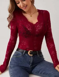 Online Women's Lace Splicing Top Sexy Long Sleeve V Neck Regular Tops Lace claret White Summer Spring Women Lace Tops