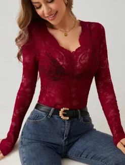 Online Women's Lace Splicing Top Sexy Long Sleeve V Neck Regular Tops Lace claret White Summer Spring Women Lace Tops