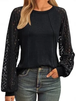 Sale Women's Lace Splicing Top Solid Color Stylish Casual Long Sleeve Crew Neck Regular Tops Daily Lace Patchwork Black Pink Wine Green Summer Spring Women Lace Tops