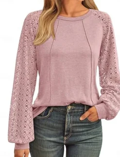 Sale Women's Lace Splicing Top Solid Color Stylish Casual Long Sleeve Crew Neck Regular Tops Daily Lace Patchwork Black Pink Wine Green Summer Spring Women Lace Tops