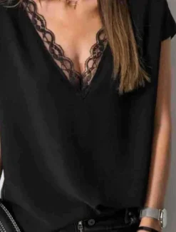 Discount Women's Lace Splicing Top Elegant Short Sleeve V Neck Regular Tops Black White Summer Spring Women Lace Tops