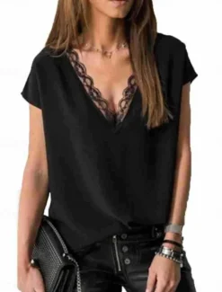 Discount Women's Lace Splicing Top Elegant Short Sleeve V Neck Regular Tops Black White Summer Spring Women Lace Tops