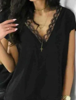 Discount Women's Lace Splicing Top Elegant Short Sleeve V Neck Regular Tops Black White Summer Spring Women Lace Tops