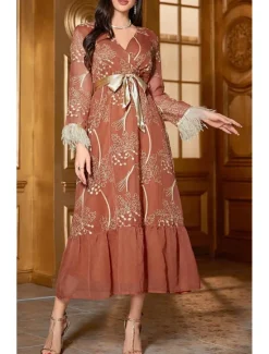 Women's Lace up Tassel Fringe Vintage Dress Long Dress Maxi Dress Plain V Neck Long Sleeve Spring Fall Women Cocktail Dress