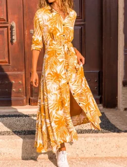 Clearance Women's Leaf Shirt Collar Maxi Dress 3/4 Length Sleeve Summer Spring Women Vacation Dresses