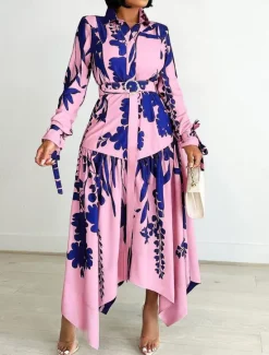 Best Women's Leaf Shirt Collar Maxi Dress Long Sleeve Summer Spring Women Cocktail Dress