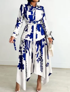 Best Women's Leaf Shirt Collar Maxi Dress Long Sleeve Summer Spring Women Cocktail Dress