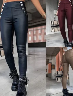 Online Women's Leather Pants Leggings Fashion Streetwear Full Length High Waist Plain Comfy Soft Comfortable Micro-elastic Outdoor Street Wine Black Khaki Summer Spring Skinny Women Leggings