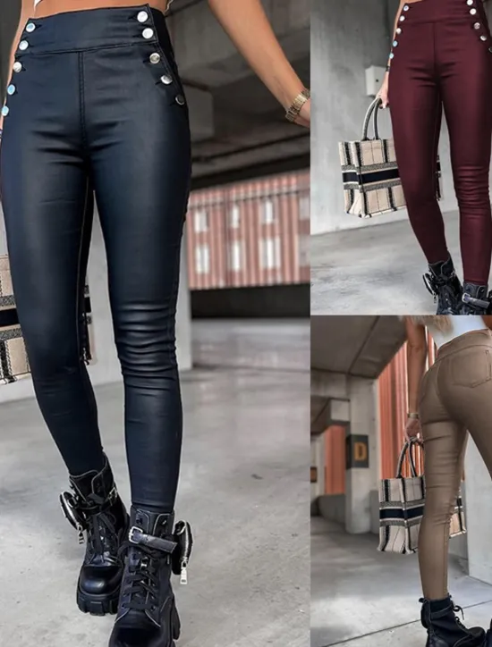 Online Women's Leather Pants Leggings Fashion Streetwear Full Length High Waist Plain Comfy Soft Comfortable Micro-elastic Outdoor Street Wine Black Khaki Summer Spring Skinny Women Leggings