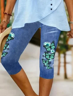 Women's Leggings Capri Pants High Elasticity Vacation Vintage Fashion Calf-Length Mid Waist Floral Graphic Printing Breathable Soft Stretchy Vacation Street Causal Robin's Egg Blue Black Women Leggings