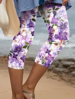Best Women's Leggings Capri Pants High Elasticity Fashion Streetwear Full Length High Waist Floral Printing Thermal Warm Breathable Soft Outdoor Daily Pink Blue Purple Green Fall Winter Regular Fit Women Leggings