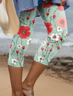 Best Women's Leggings Capri Pants High Elasticity Fashion Streetwear Full Length High Waist Floral Printing Thermal Warm Breathable Soft Outdoor Daily Pink Blue Purple Green Fall Winter Regular Fit Women Leggings
