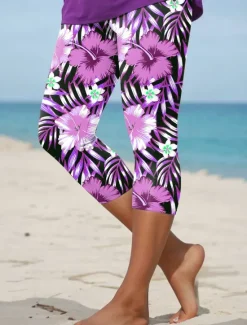 Online Women's Leggings Capri Pants High Elasticity Vacation Vintage Fashion Calf-Length High Waist Floral Graphic Tropical Printing Thermal Warm Breathable Soft Stretchy Formal Outdoor Vacation Women Leggings