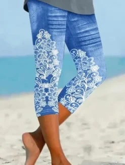 Outlet Women's Leggings Capri Pants High Elasticity Vacation Vintage Fashion Calf-Length Mid Waist Floral Graphic Printing Breathable Soft Stretchy Formal Vacation Street Robin's Egg Blue Black Dark Navy Women Leggings