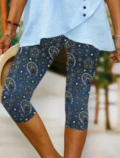 Outlet Women's Leggings Capri Pants High Elasticity Vacation Vintage Fashion Calf-Length Mid Waist Floral Graphic Printing Breathable Soft Stretchy Formal Vacation Street Robin's Egg Blue Black Dark Navy Women Leggings