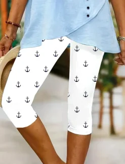 Sale Women's Leggings Capri Pants High Elasticity Vacation Fashion coastal grandma style Full Length Mid Waist Graphic Stripe Ocean Printing Thermal Warm Breathable Soft Stretchy Outdoor Vacation Summer Women Leggings