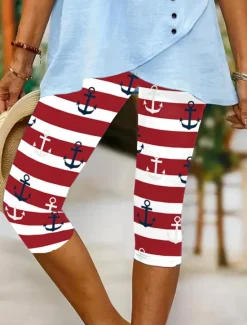 Sale Women's Leggings Capri Pants High Elasticity Vacation Fashion coastal grandma style Full Length Mid Waist Graphic Stripe Ocean Printing Thermal Warm Breathable Soft Stretchy Outdoor Vacation Summer Women Leggings