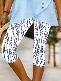 Clearance Women's Leggings Capri Pants High Elasticity Vacation Vintage Fashion Calf-Length Mid Waist Floral Graphic Printing Breathable Soft Stretchy Vacation Casual Daily Black sky blue Green Women Leggings