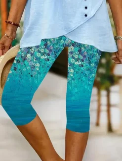 Clearance Women's Leggings Capri Pants High Elasticity Vacation Vintage Fashion Calf-Length Mid Waist Floral Graphic Printing Breathable Soft Stretchy Vacation Casual Daily Black sky blue Green Women Leggings