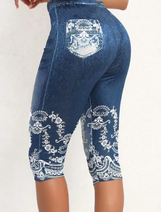 Discount Women's Leggings Capri Pants High Elasticity Vacation Vintage Fashion Calf-Length Mid Waist Floral Graphic Printing Breathable Soft Stretchy Vacation Casual Daily Robin's Egg Blue Dark Navy Women Leggings