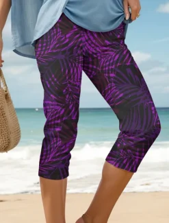 Online Women's Leggings Capri Pants High Elasticity Vacation Vintage Fashion Calf-Length High Waist Graphic Leaf Printing Thermal Warm Breathable Soft Stretchy Formal Outdoor Vacation Women Leggings