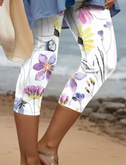 Discount Women's Leggings Capri Pants High Elasticity Vacation Vintage Fashion Calf-Length High Waist Floral Graphic Printing Thermal Warm Breathable Soft Stretchy Outdoor Daily Pink Blue Green Summer Women Leggings