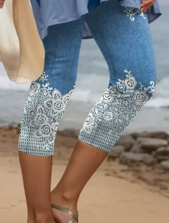 Discount Women's Leggings Capri Pants 3D Print High Elasticity Vacation Vintage Fashion Calf-Length High Waist Floral Graphic Geometric Breathable Soft Stretchy Formal Vacation Office Robin's Egg Blue Women Leggings