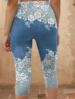 Discount Women's Leggings Capri Pants 3D Print High Elasticity Vacation Vintage Fashion Calf-Length High Waist Floral Graphic Geometric Breathable Soft Stretchy Formal Vacation Office Robin's Egg Blue Women Leggings