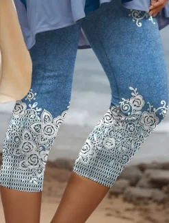 Discount Women's Leggings Capri Pants 3D Print High Elasticity Vacation Vintage Fashion Calf-Length High Waist Floral Graphic Geometric Breathable Soft Stretchy Formal Vacation Office Robin's Egg Blue Women Leggings
