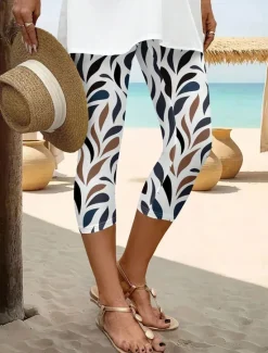 Best Women's Leggings Capri Pants 3D Print High Elasticity Vintage Fashion Ethnic Style Calf-Length High Waist Floral Graphic Stretchy Vacation Street Causal Robin's Egg Blue White Summer Spring Slim Fit Women Leggings