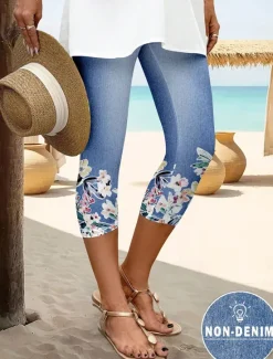 Best Women's Leggings Capri Pants 3D Print High Elasticity Vintage Fashion Ethnic Style Calf-Length High Waist Floral Graphic Stretchy Vacation Street Causal Robin's Egg Blue White Summer Spring Slim Fit Women Leggings