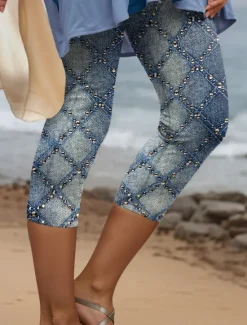 Discount Women's Leggings Capri Pants 3D Print High Elasticity Vacation Vintage Fashion Calf-Length High Waist Graphic Geometric Printing Breathable Soft Stretchy Formal Vacation Office Robin's Egg Blue Women Leggings
