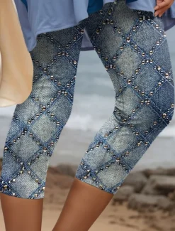 Discount Women's Leggings Capri Pants 3D Print High Elasticity Vacation Vintage Fashion Calf-Length High Waist Graphic Geometric Printing Breathable Soft Stretchy Formal Vacation Office Robin's Egg Blue Women Leggings